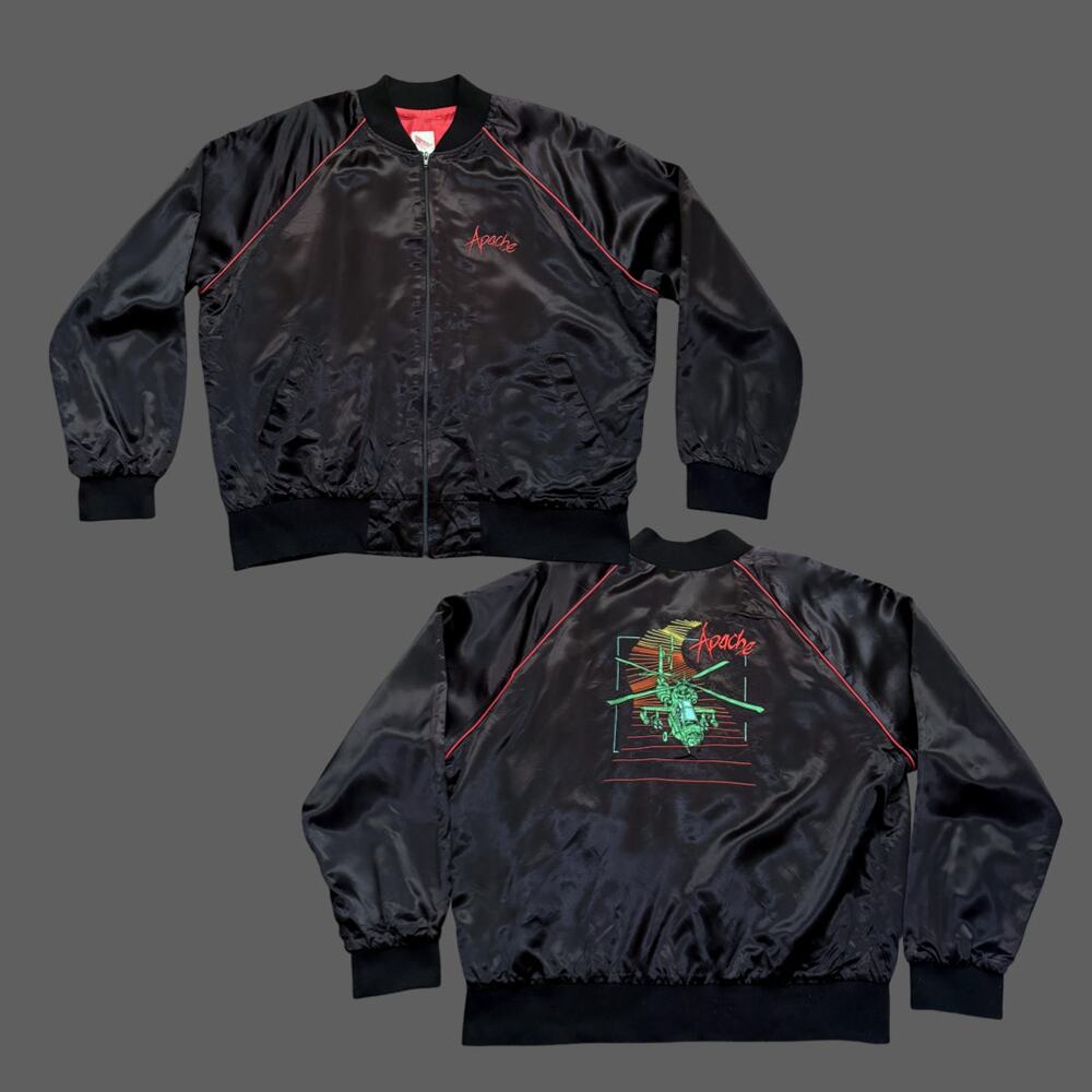 Vintage 80s Apache Helicopter Satin Bomber Jacket Men's XXL